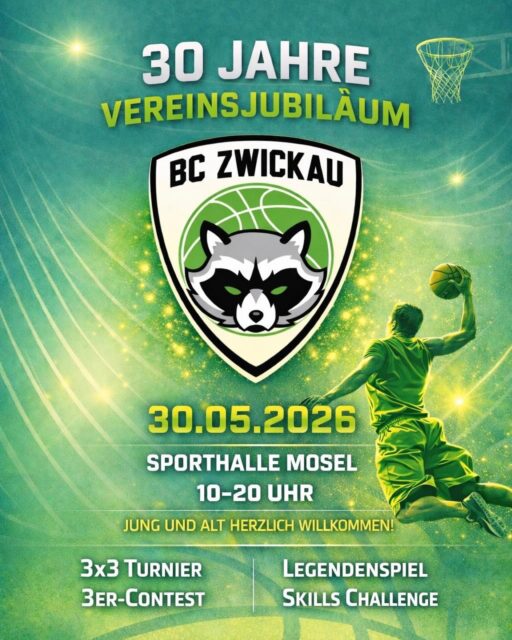 WIR WERDEN 30 JAHRE 🥳

Am 30.05.2026 feiern wir gemeinsam unser Jubiläum in der Sporthalle Mosel und freuen uns auf einen ganzen Tag voller Basketball, Spaß und guter Stimmung.

Los geht es ab 10:00 Uhr mit einem 3x3 Turnier, einem 3er Contest und einer Skills Challenge. Zum Abschluss wartet ein besonderes Legendenspiel auf euch 👀 Natürlich gibt es auch Essen und Getränke vor Ort. 🌭🥤

Eingeladen sind alle aktuellen und ehemaligen Spielerinnen und Spieler, alle Fans des BC Zwickau, Freunde des Vereins, Familien und alle, die diesen besonderen Tag mit uns feiern möchten. 💚

Kommt vorbei und lasst uns gemeinsam 30 Jahre Vereinsgeschichte feiern 🥳

#bczwickau #zwickau #basketballinzwickau