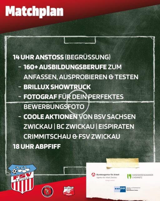 Unser Matchplan des Tages - Volltreffer Zukunft

🚀 Was erwartet dich?
• Rund 100 Unternehmen mit 160+ Ausbildungsberufen zum Anfassen, Ausprobieren, Testen
• Brillux-Showtruck - sozusagen das „Maler- und Stuckateurhandwerk auf Rädern“ zum Ausprobieren und Mitmachen www.deine-zukunft-ist-bunt.de
• Fotograf für dein perfektes Bewerbungsfoto (USB-Stick mitbringen)
• Coole Aktionen von ETC, BSV, FSV und dem BC
Zwickau

Du bist...
✅ Auf der Suche nach deinem Traum-Ausbildungsplatz?
✅ Neugierig auf spannende Alternativen?
✅ Noch unsicher, wohin es beruflich gehen soll?

⏰ Wann? Donnerstag, 06. Mai 2026
⌚️ Zeit! 14:00 bis 18:00 Uhr
📍 Wo? GGZ-Arena beim FSV Zwickau

Markiere dir den 06. Mai 2026 fett im Kalender! Netzwerke, entdecke neue Möglichkeiten und triff deine Idole live vor Urt!
Wir freuen uns auf dich! 😎

#ggzbasketszwickau #zwickau #basketballinzwickau #zwickau