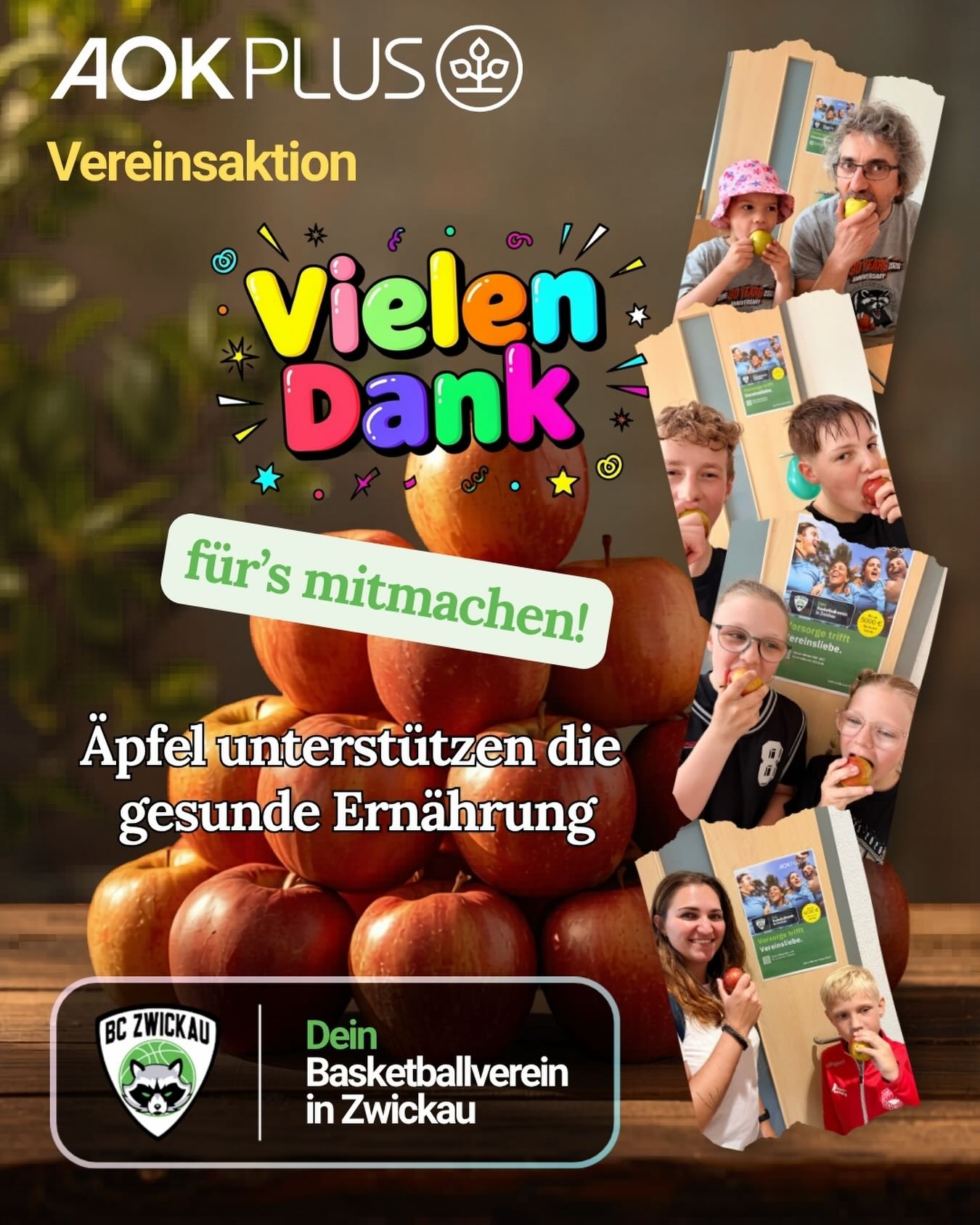 30 Jahre Vereinsjubiläum BC Zwickau und AOKplus Vereinsaktion, Äpfel unterstützen die gesunde Ernährung- wir animieren zum Apfelessen. Vielen Dank an alle Teilnehmer! #aokplus #vereinsaktion #bczwickau #bczwickaunachwuchs