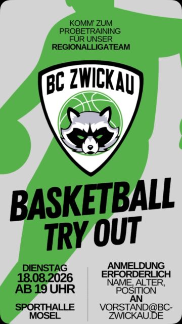 Wir suchen dich! Kommt am 18.08.2026 ab 19 Uhr in die Sporthalle Mosel zum Tryout für unser Regionalligateam. 
Anmeldung zum Probetraining unter bc-zwickau.de oder direkt per Mail. 
#ggzbasketszwickau